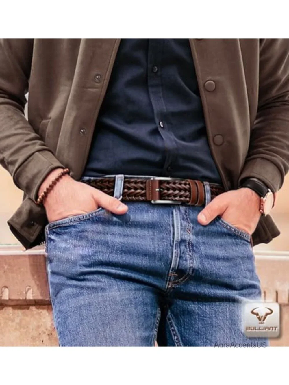 Men's Braided Woven Leather Belt - Adjustable Holeless, Gift Boxed